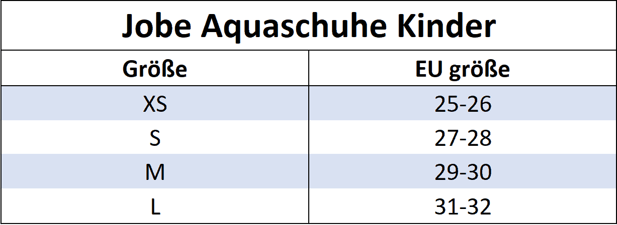 Jobe  size chart Aquaschuhe Kinder