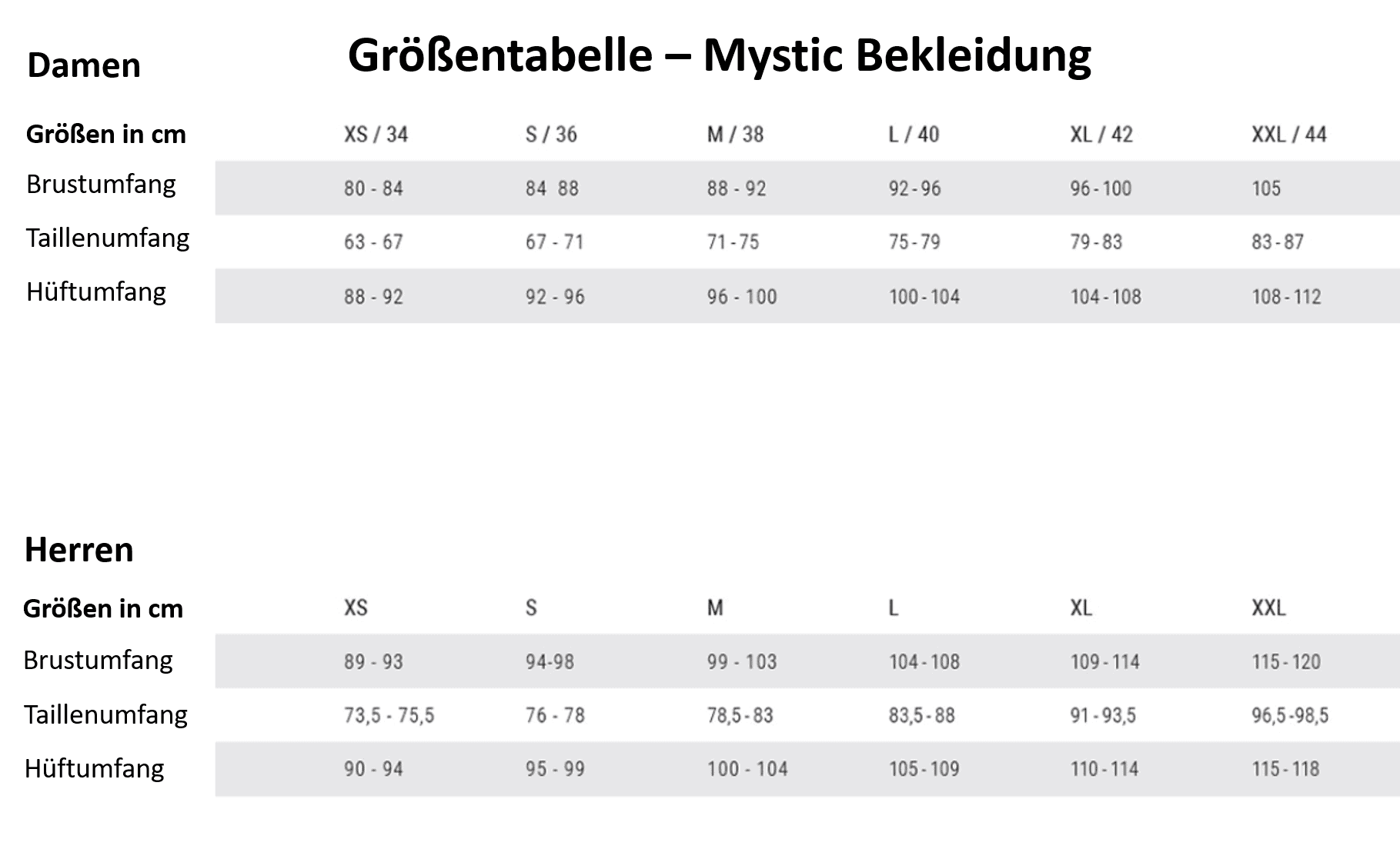 Größentabelle Mystic