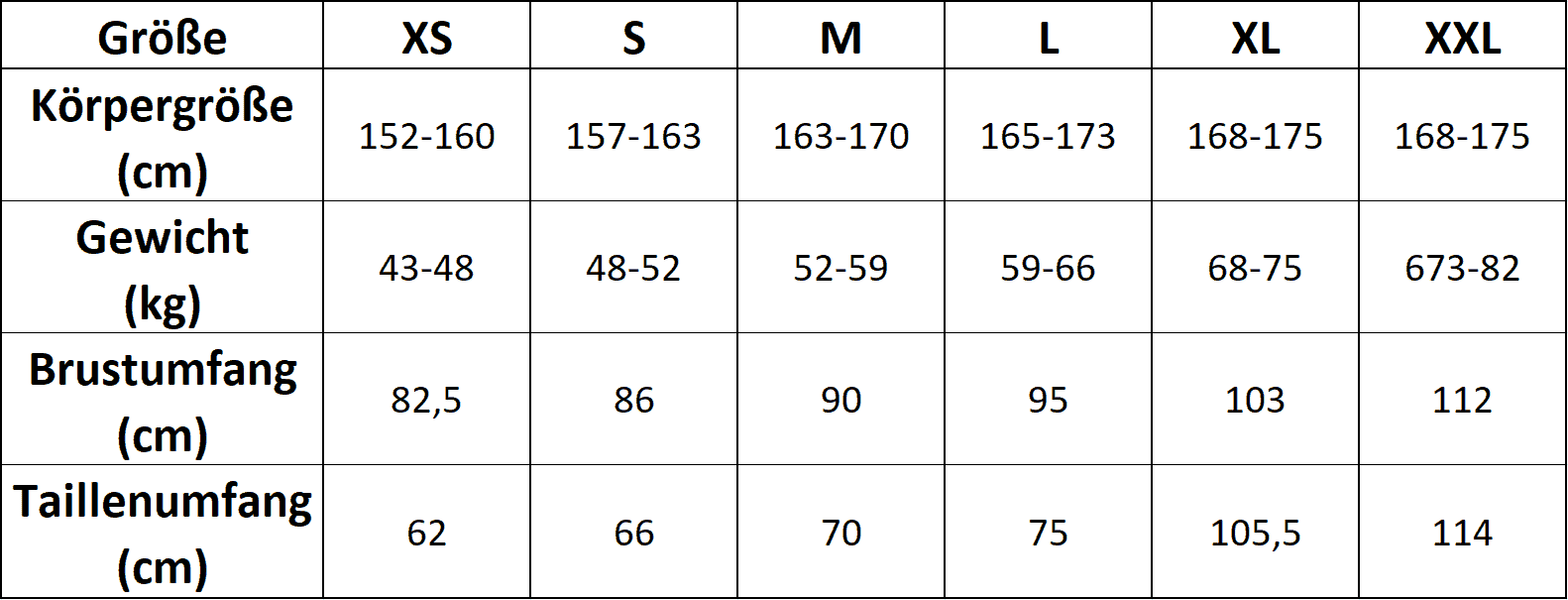 Xcel Größentabelle Lycras Damen