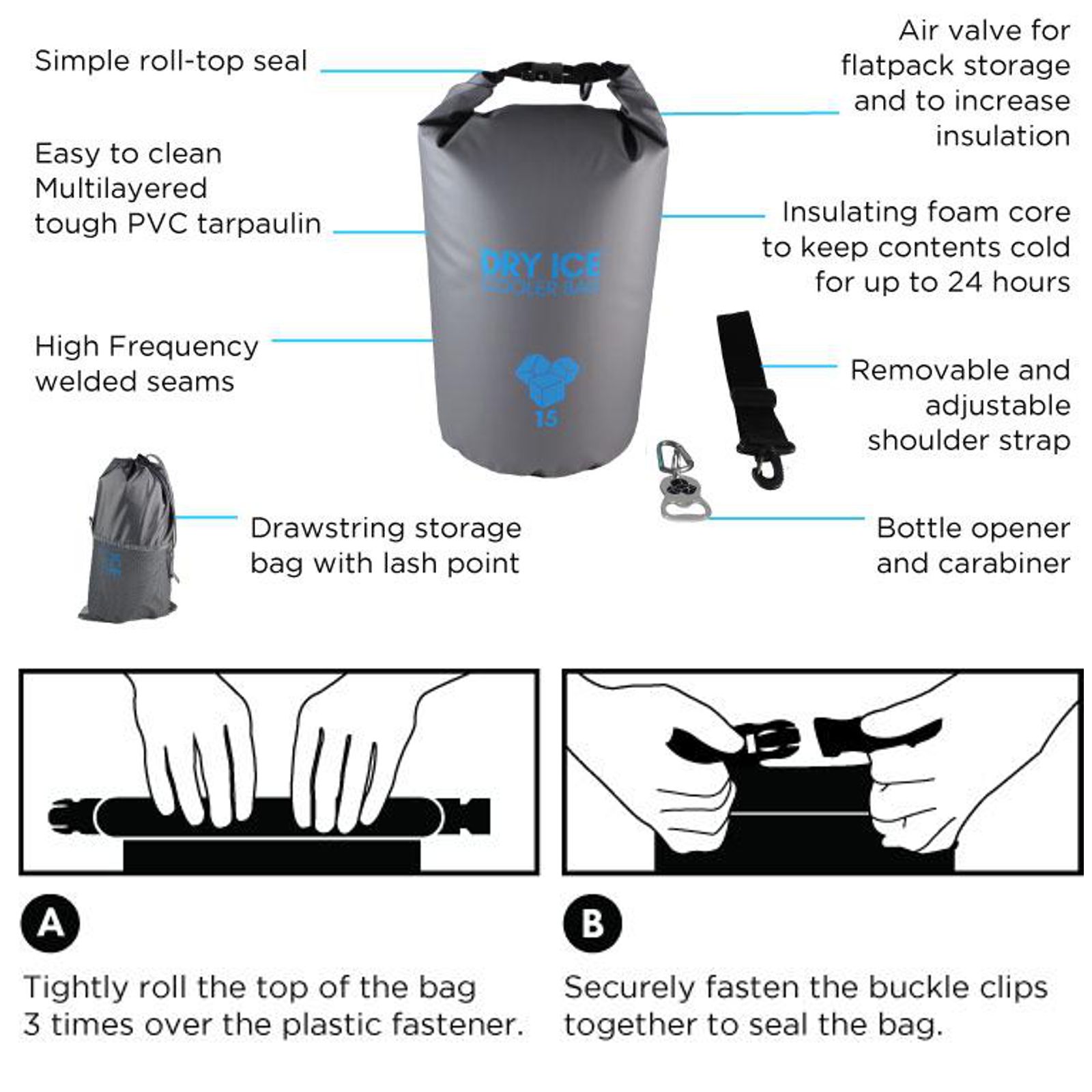 Dry Ice Cooler Bag Kühltasche 15 Liter Grau • Sicherheit im Wassersport