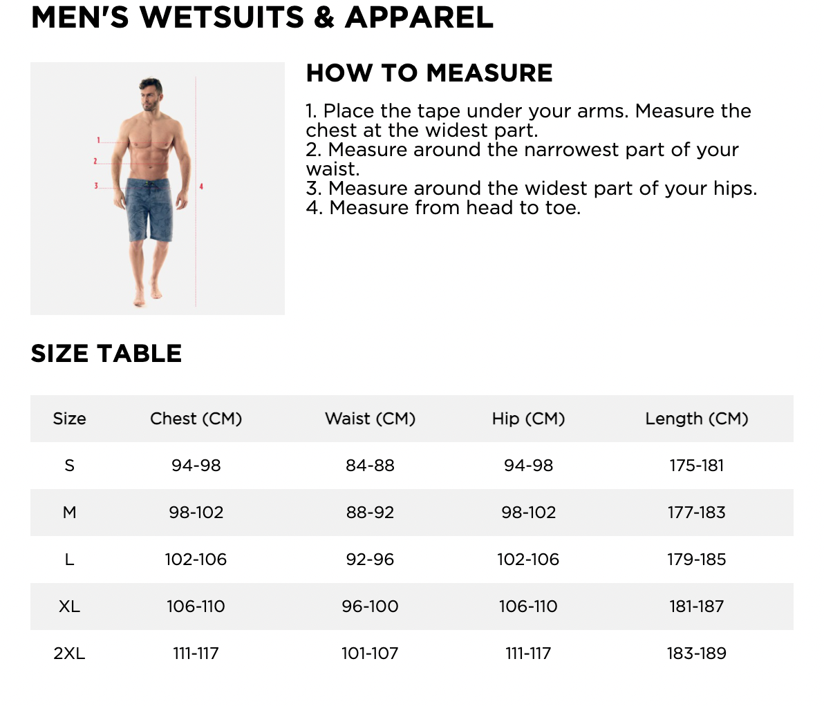 Jobe Wetsuits Men Size Chart