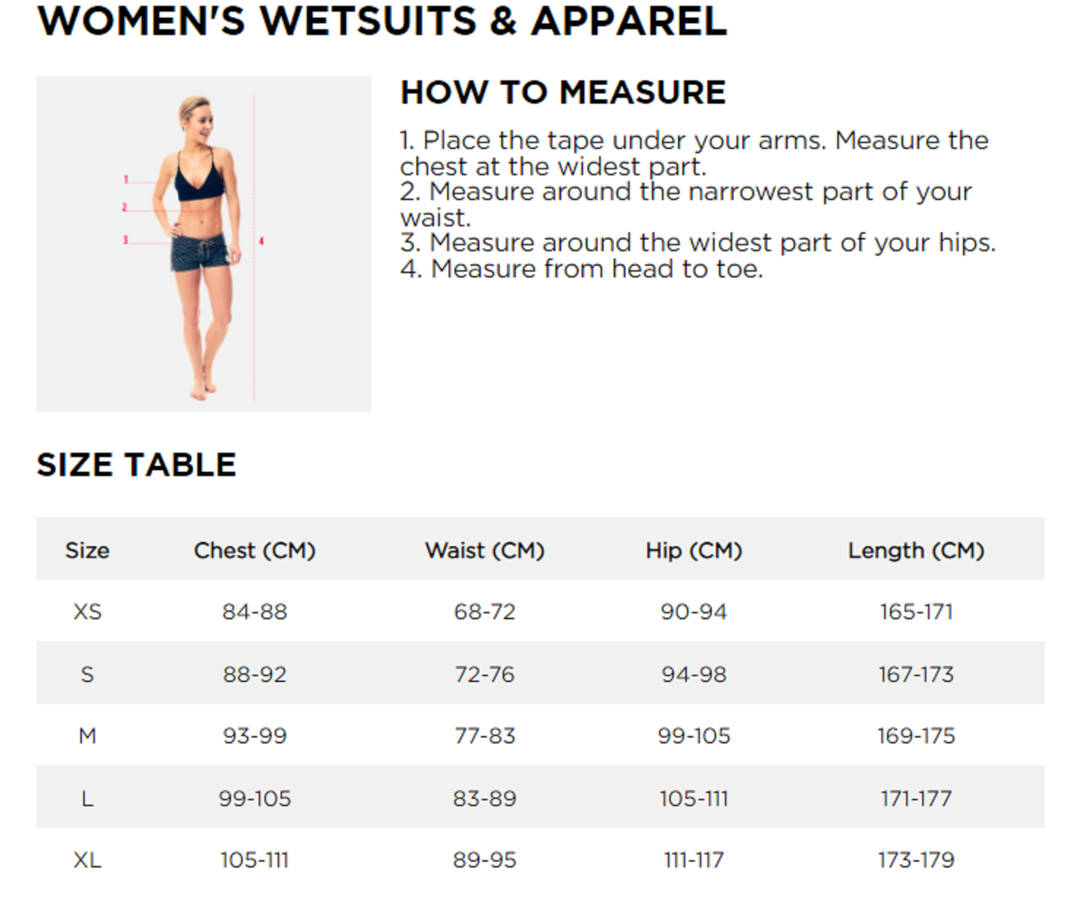 Jobe Wetsuits Women Size Chart